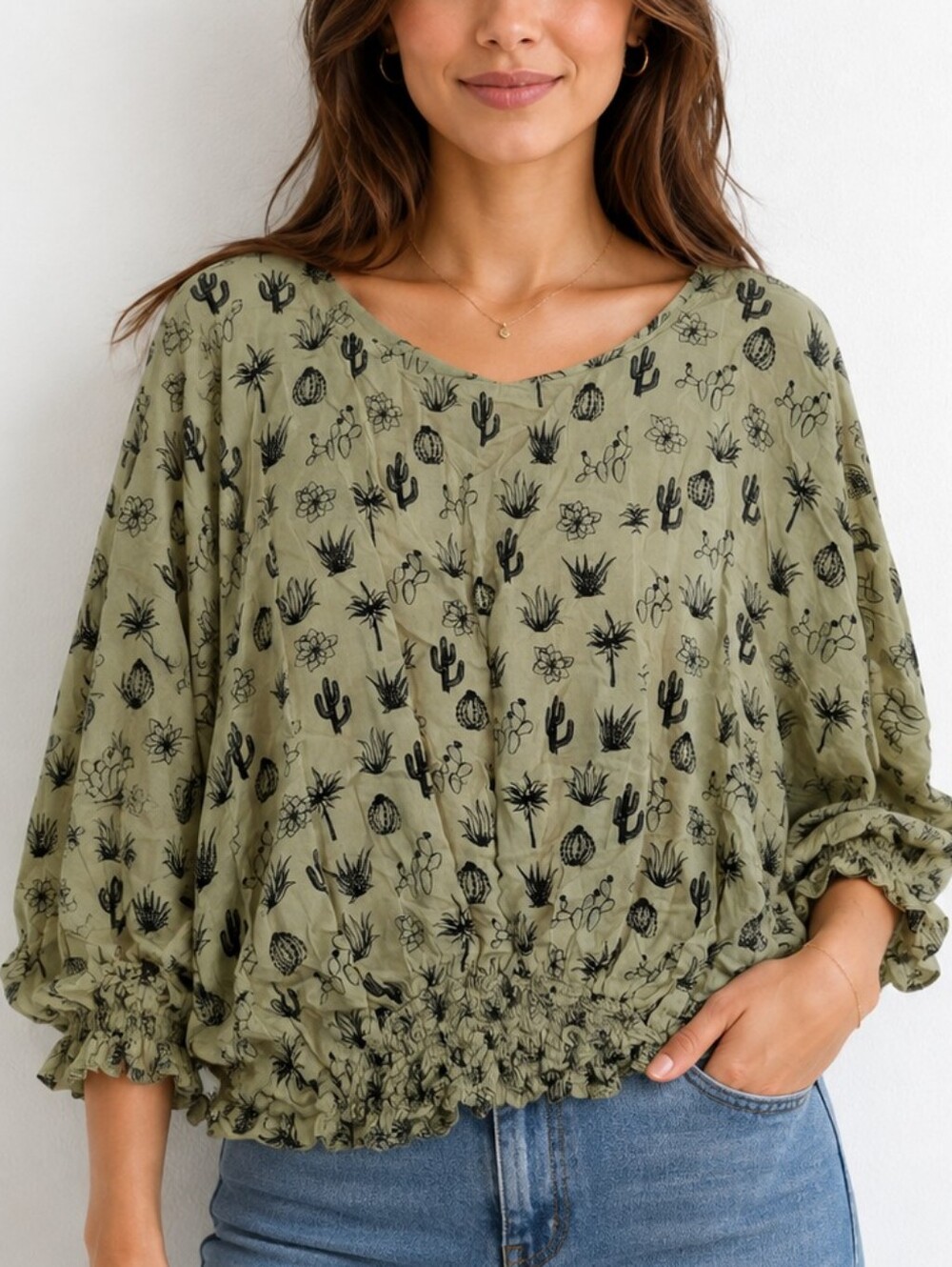 How Bazaar Boho Cactus Print Rayon Blouse – One Size